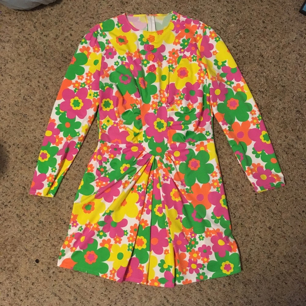 Retro neon floral ruched long sleeve mini dress handmade one of a kind 60s